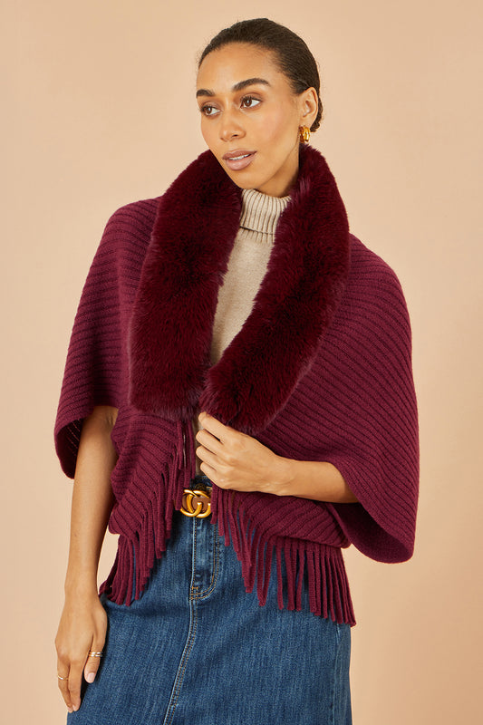 Yumi Burgundy Fur Collar Shrug With Tassel Hem Knit Cardigan Yumi