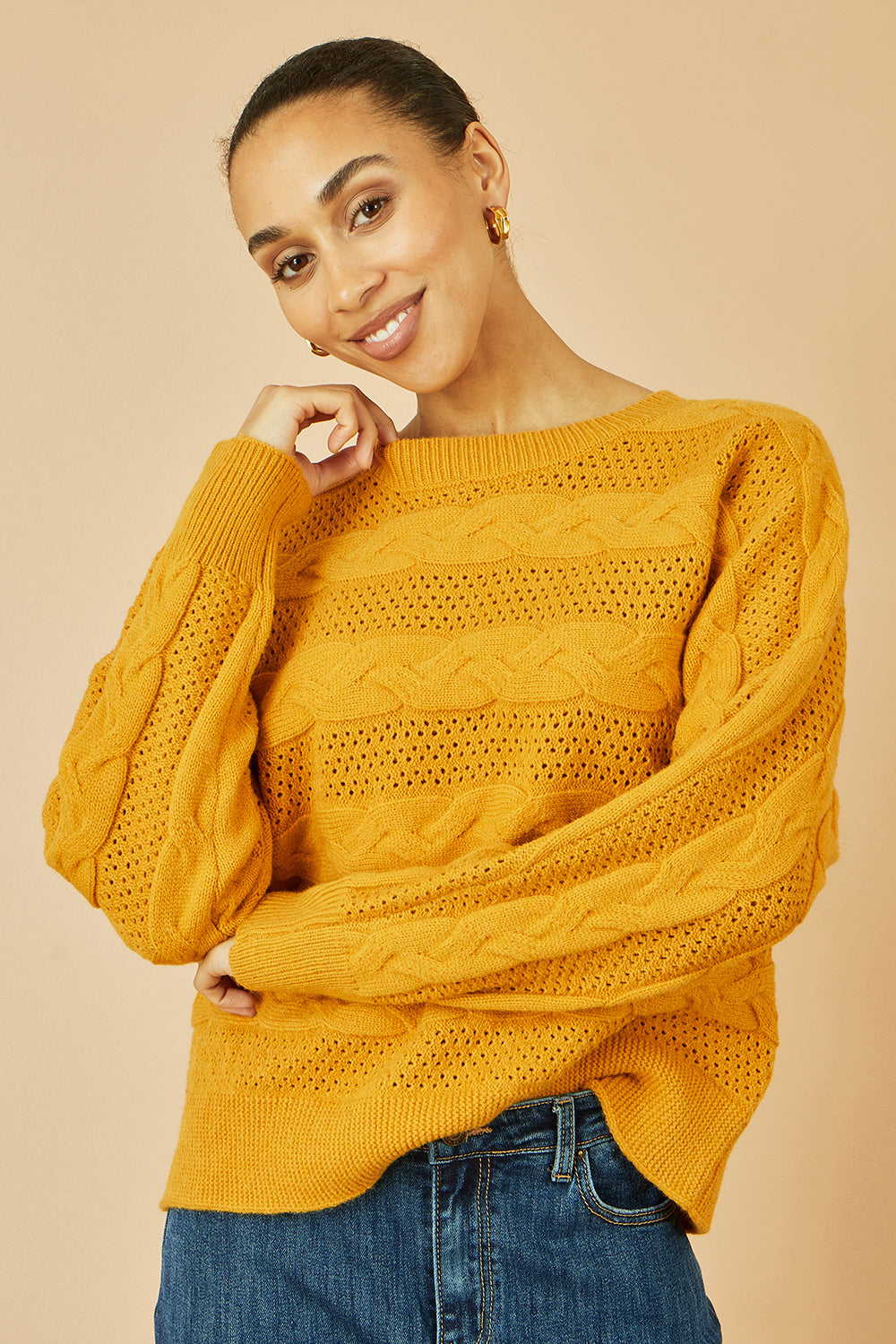 Yumi Mustard Cable Knit Relaxed Fit Jumper | Yumi