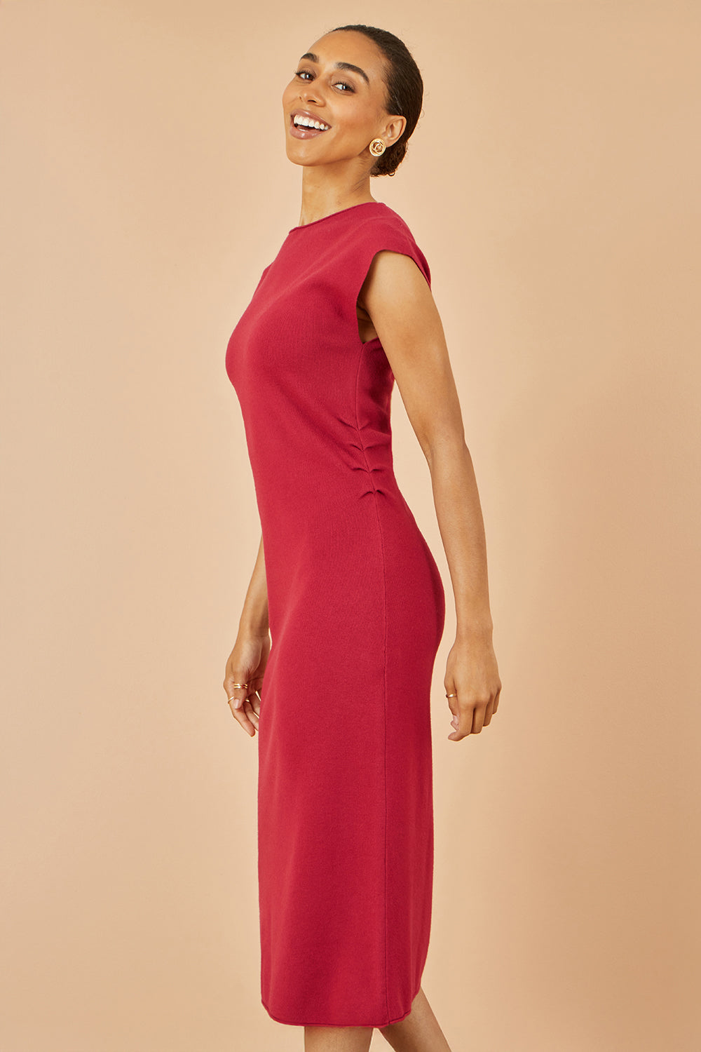 Yumi Burgundy Knitted Ruched Midi Dress Knit Dress Yumi