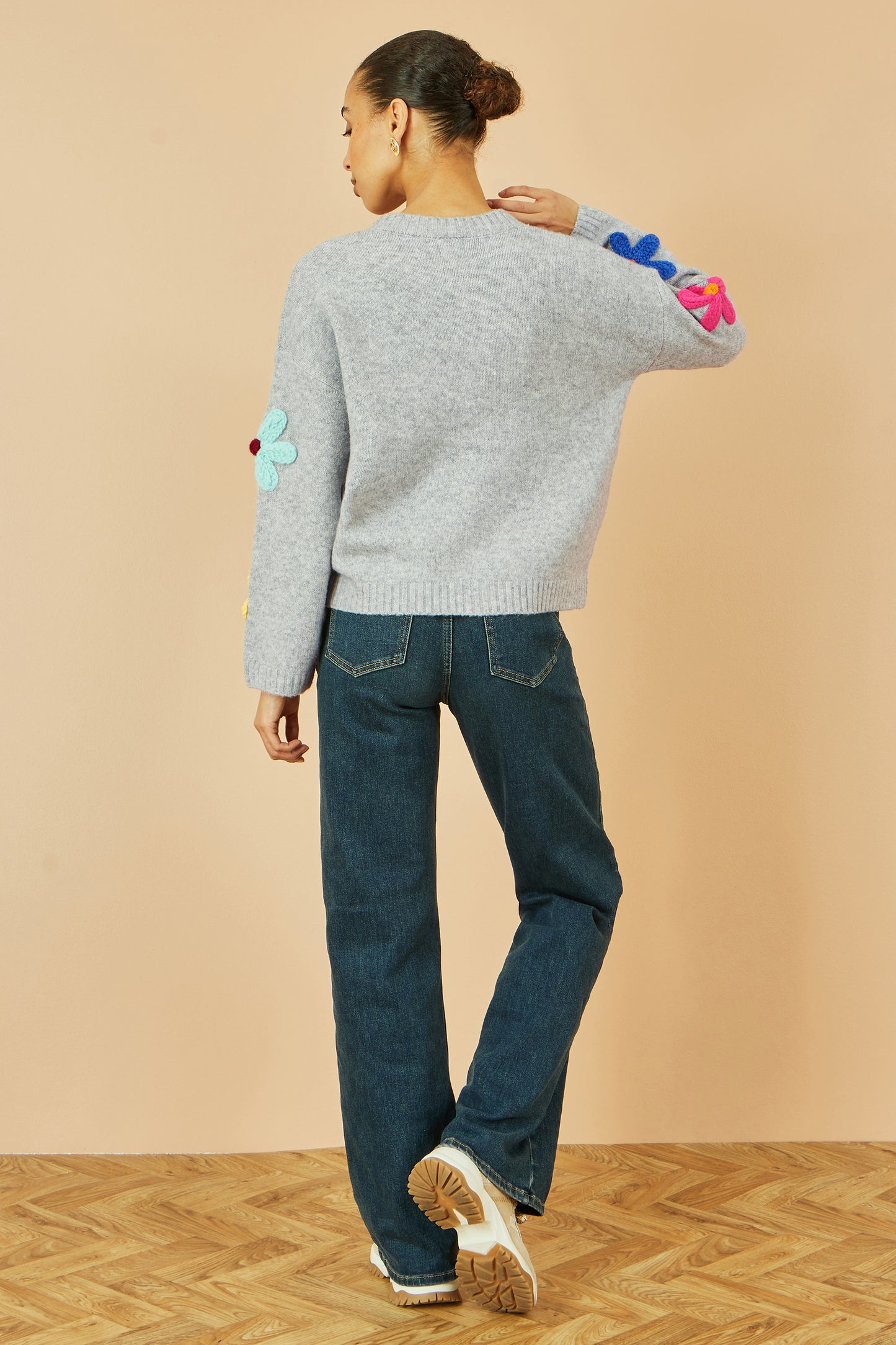 Yumi Grey Knitted Flower Applique Cardigan Knit Cardigan Yumi