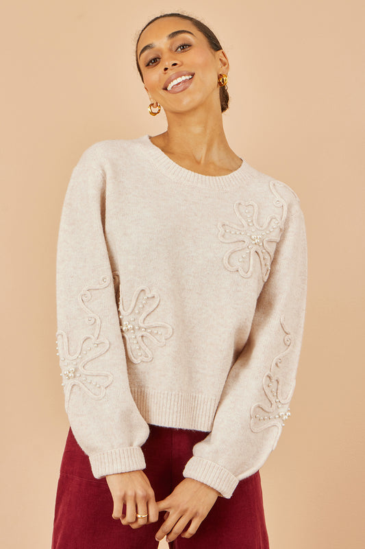 Yumi Oatmeal Knitted Jumper With Floral Applique Knit Jumper Yumi