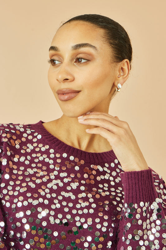 Yumi Burgundy All Over Sequin Relaxed Fit Jumper Knit Xmas Jumper Yumi