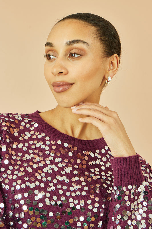 Yumi Burgundy All Over Sequin Relaxed Fit Jumper Knit Xmas Jumper Yumi