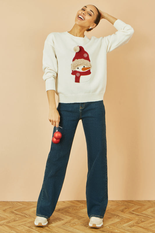 Yumi White Christmas Jumper With Applique Snowman Knit Xmas Jumper Yumi