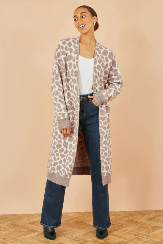 Yumi Beige Animal Print Intarsia Long Cardigan Knit Cardigan Yumi