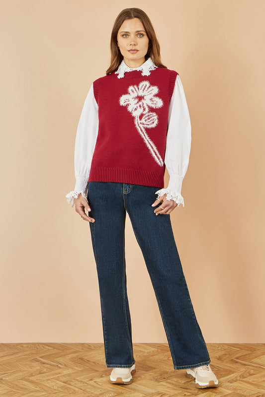 Yumi Burgundy Knitted Flower Sleeveless Jumper Vest Knit Pullover Yumi