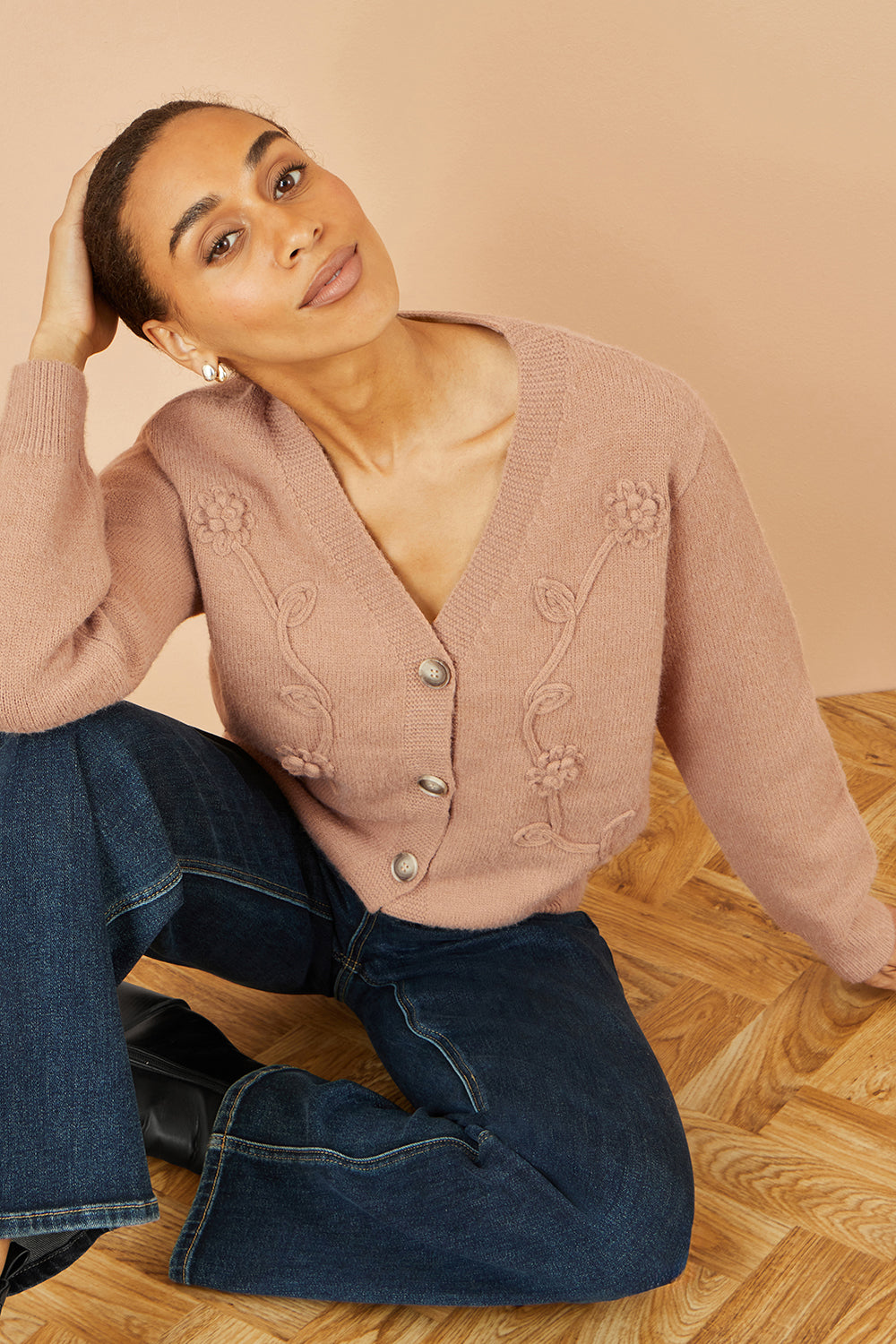 Yumi Brown Floral Embroidered Relaxed Fit Cardigan Knit Cardigan Yumi