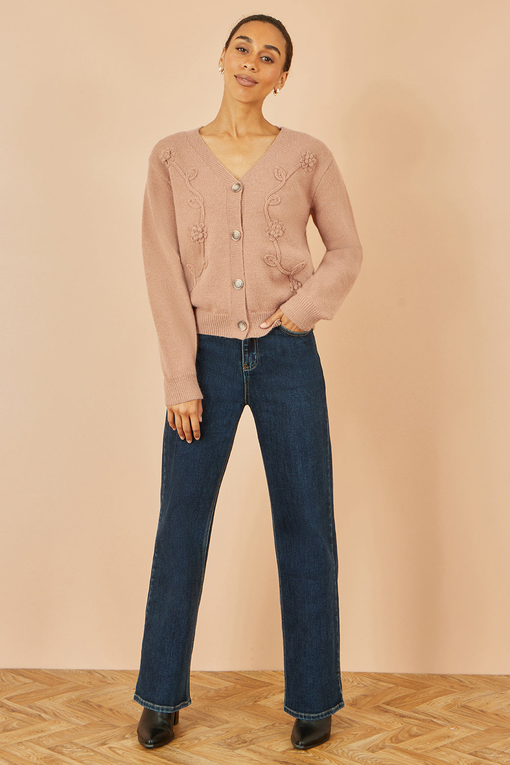 Yumi Brown Floral Embroidered Relaxed Fit Cardigan Knit Cardigan Yumi