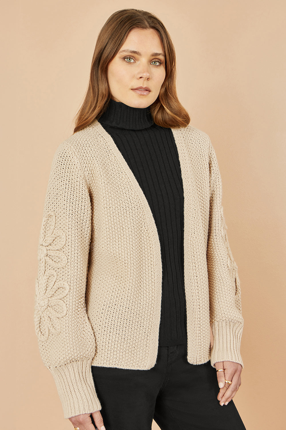 Yumi Beige Edge to Edge Cardigan With Flower Detail Sleeves Knit Cardigan Yumi