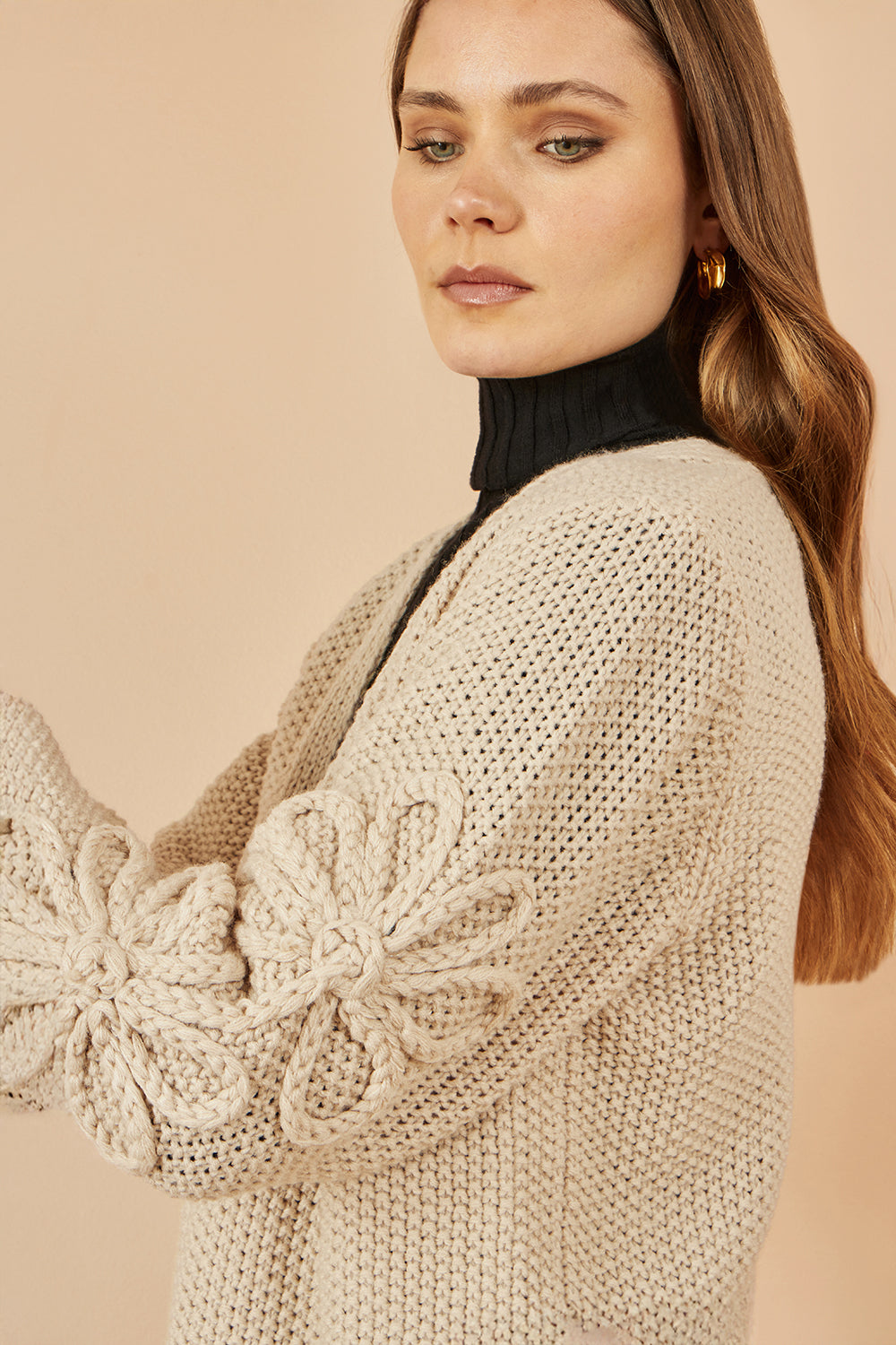 Yumi Beige Edge to Edge Cardigan With Flower Detail Sleeves Knit Cardigan Yumi