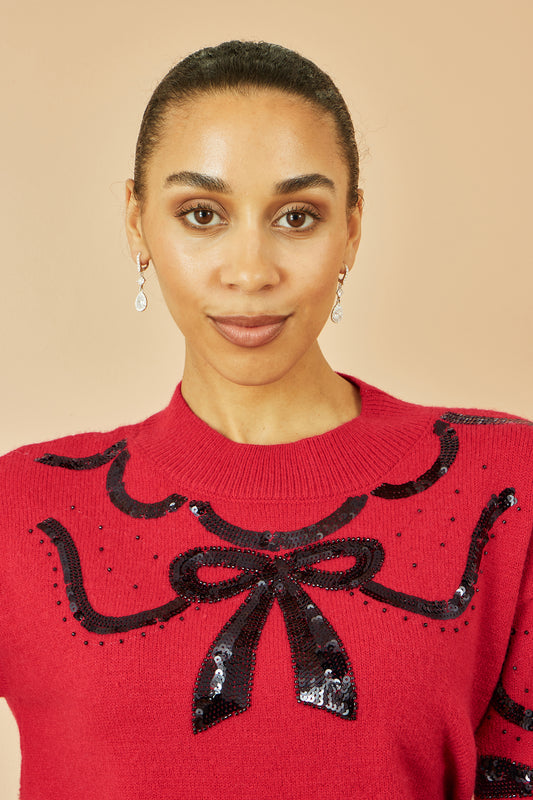 Yumi Red Sequinned Bow Neckline Jumper Knit Xmas Jumper Yumi
