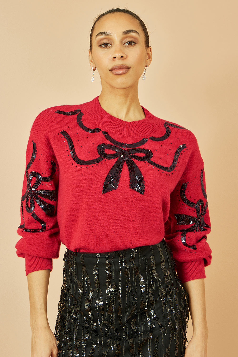 Yumi Red Sequinned Bow Neckline Jumper Knit Xmas Jumper Yumi