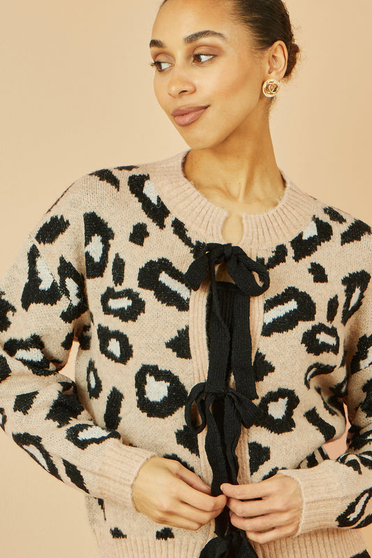 Yumi Beige Animal Print Intarsia Tie Front Cardigan Knit Cardigan Yumi