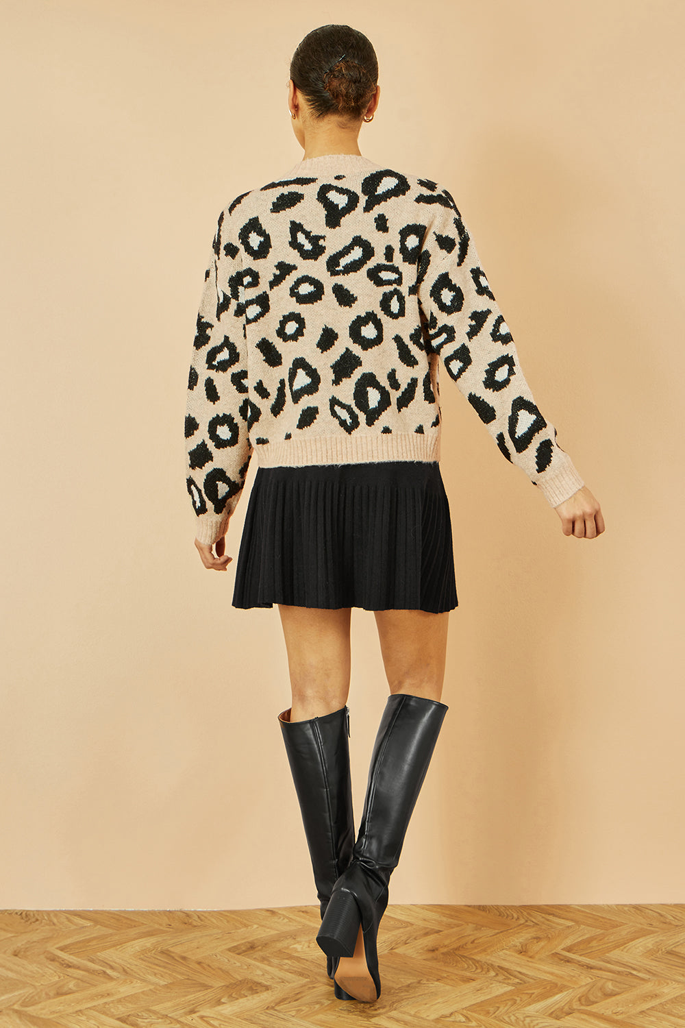 Yumi Beige Animal Print Intarsia Tie Front Cardigan Knit Cardigan Yumi