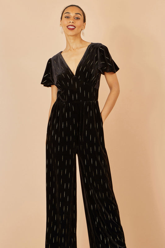 Yumi Black Foil Print Velvet Jumpsuit JUMPSUIT Yumi