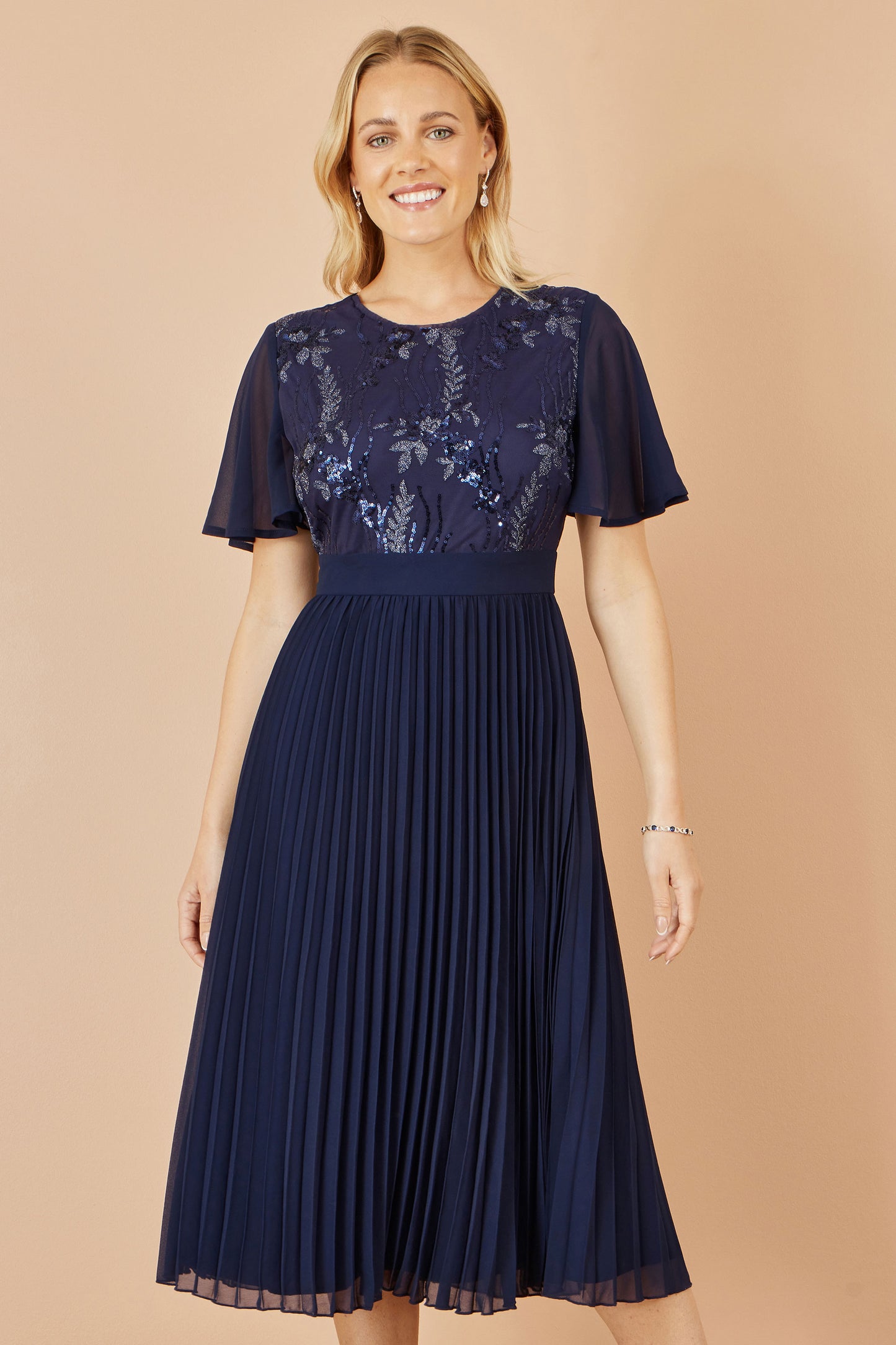 Yumi Navy Sequin Embellished Panel Pleated Midi Dress Dress Occasion Yumi