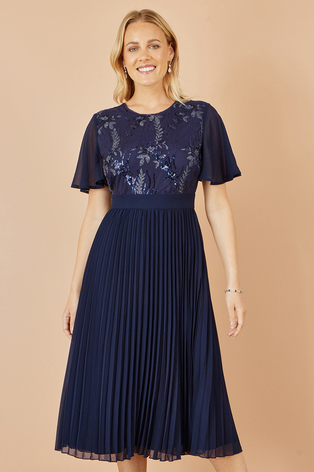 Yumi Navy Sequin Embellished Panel Pleated Midi Dress Dress Occasion Yumi