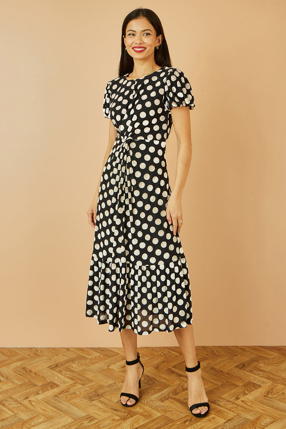 Yumi Black Velvet Spot Print Twist Knot Waist Midi Dress Dress Party Yumi