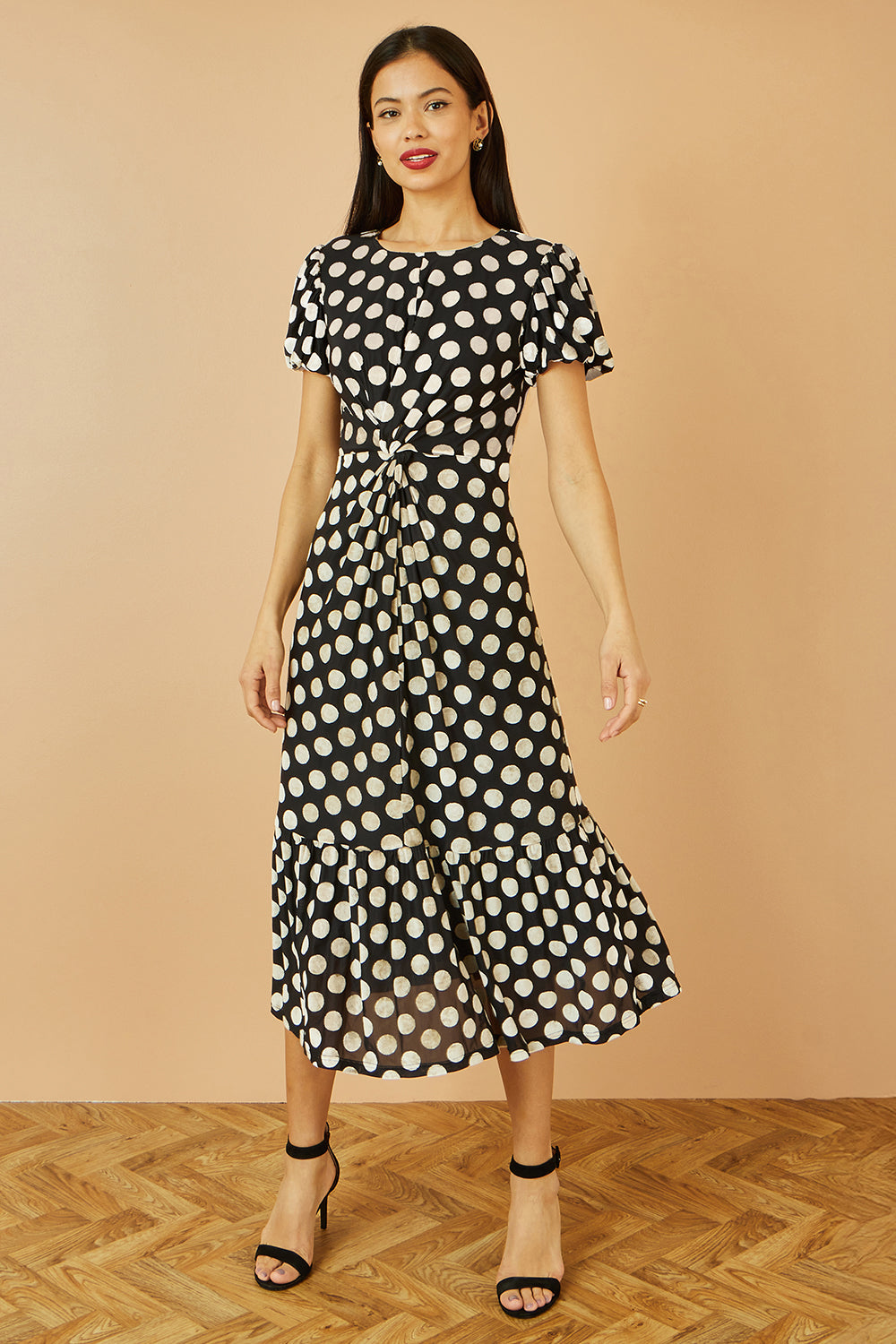 Yumi Black Velvet Spot Print Twist Knot Waist Midi Dress Dress Party Yumi
