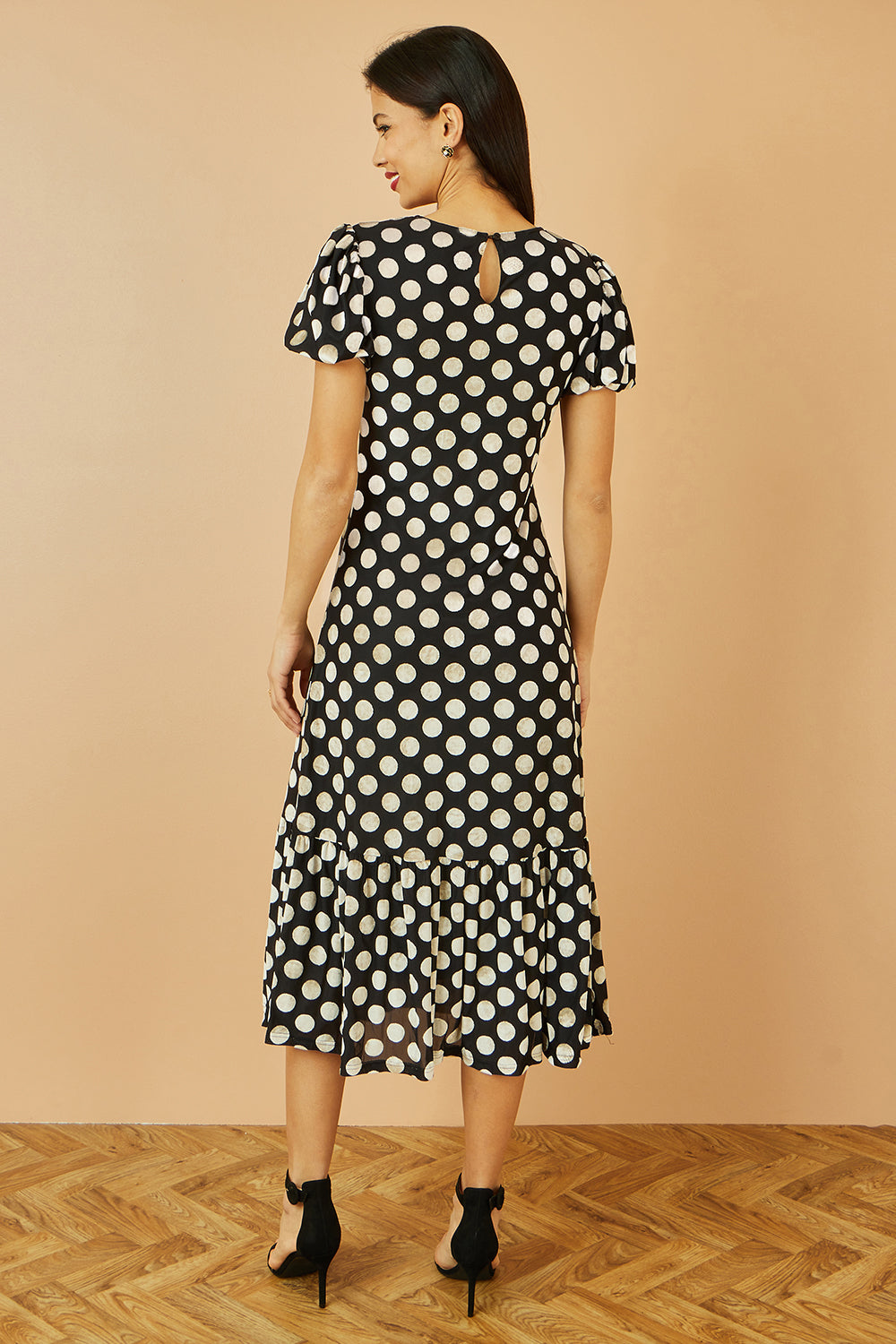 Yumi Black Velvet Spot Print Twist Knot Waist Midi Dress Dress Party Yumi
