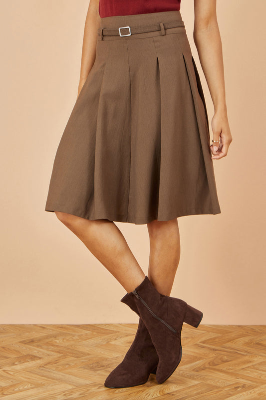 Yumi Brown Pleated Midi Skirt With Matching Belt Skirts Yumi