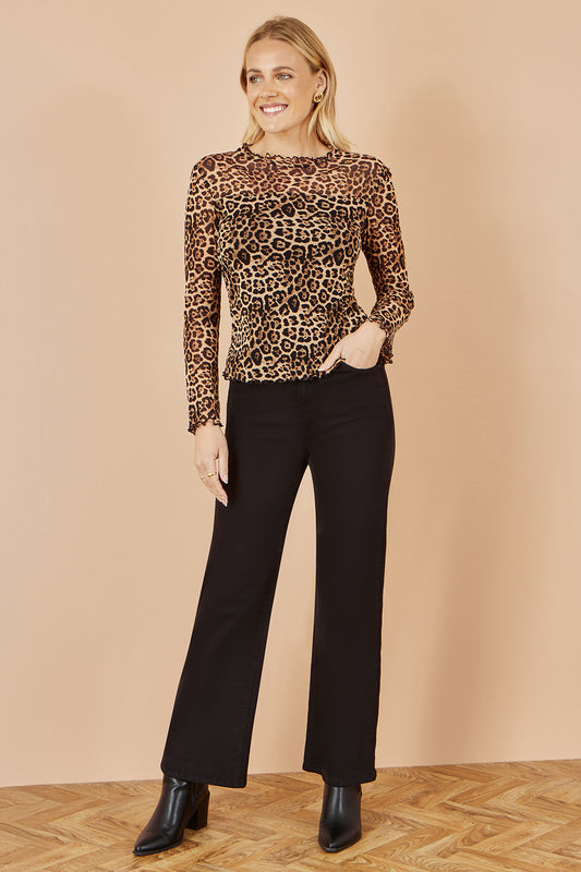 Yumi Brown Leopard Print Mesh Stretch Fitted Top Tops Yumi