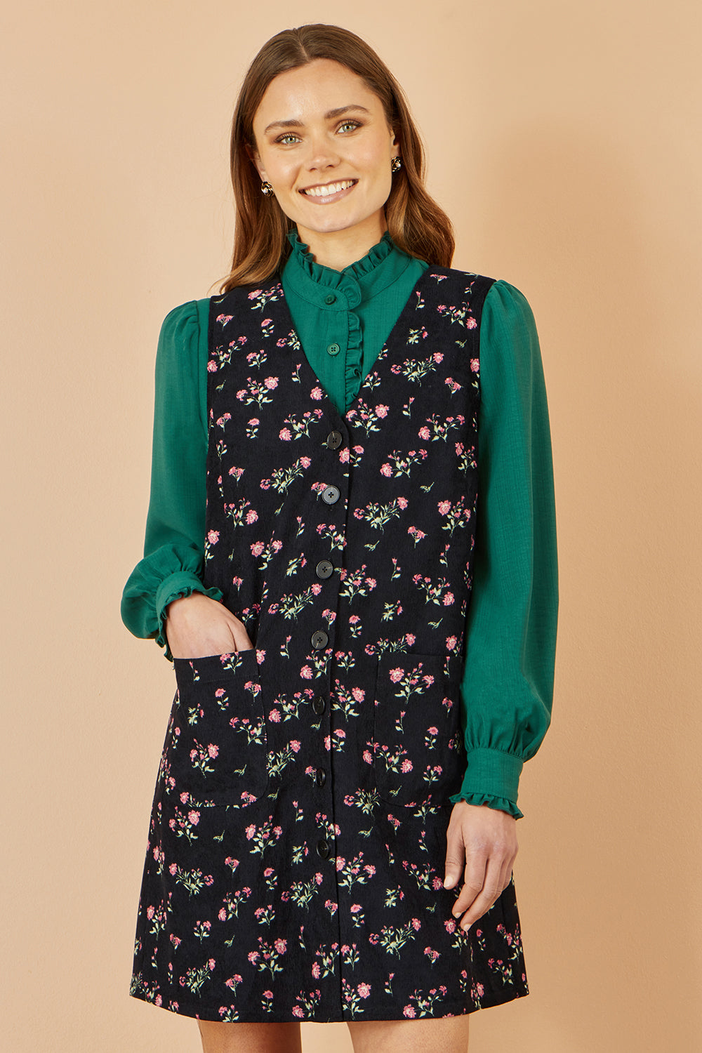 Yumi Black Floral Print Pinafore Dress With Button Up Dress Casual Yumi