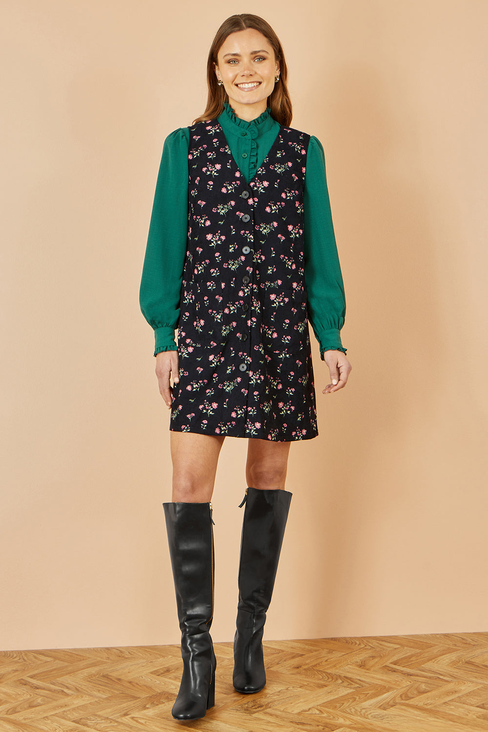 Yumi Black Floral Print Pinafore Dress With Button Up Dress Casual Yumi