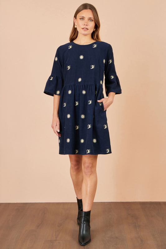 Yumi Navy Cosmic Embroidered Cord Tunic Dress Casual Yumi