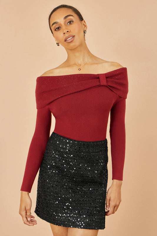 Yumi Burgundy Sparkle Bardot Jumper With Diamante Detail Knit Xmas Jumper Yumi