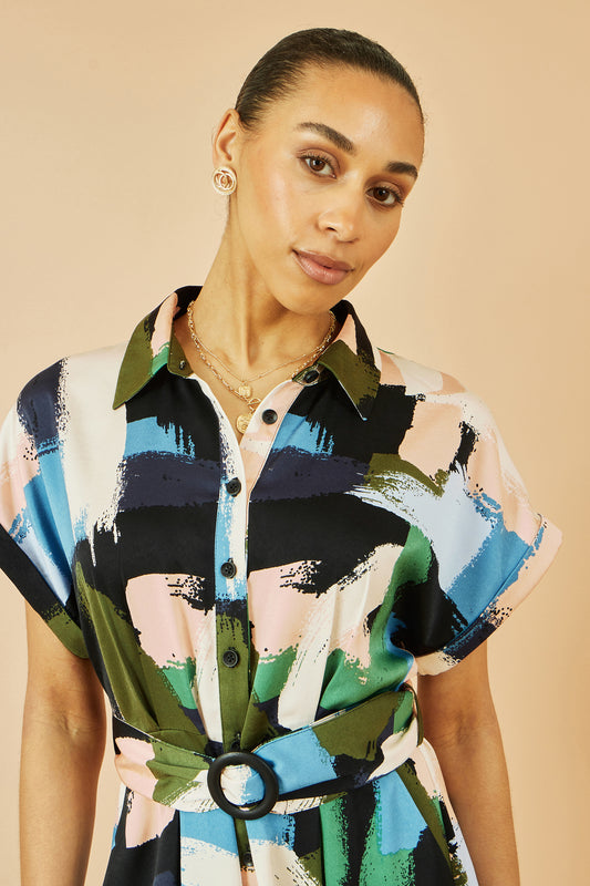 Yumi Blue Brushstroke Print Relaxed Midi shirt Dress Dress Casual Yumi