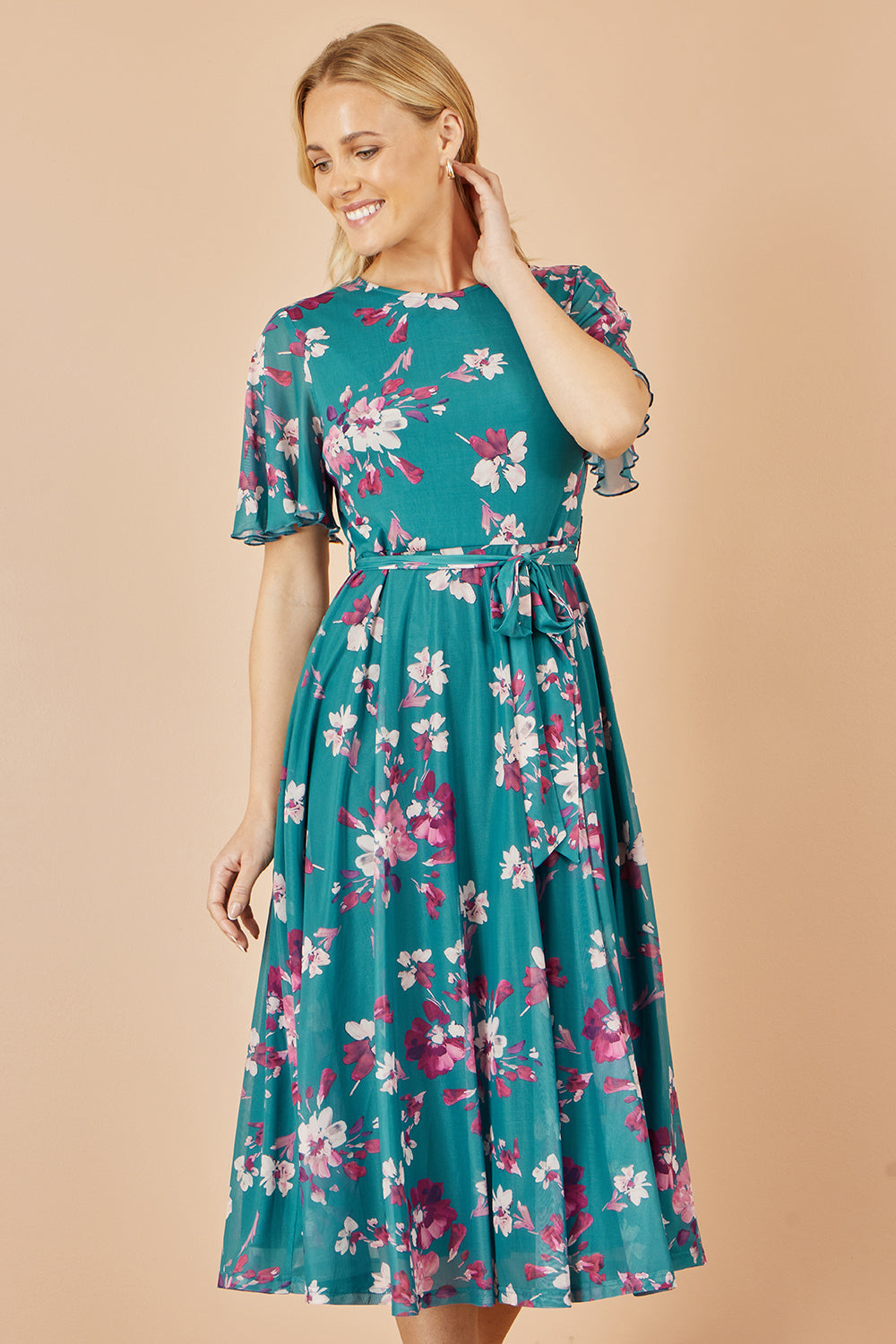 Yumi Teal Mesh Skater Floral Midi Dress Dress Occasion Yumi