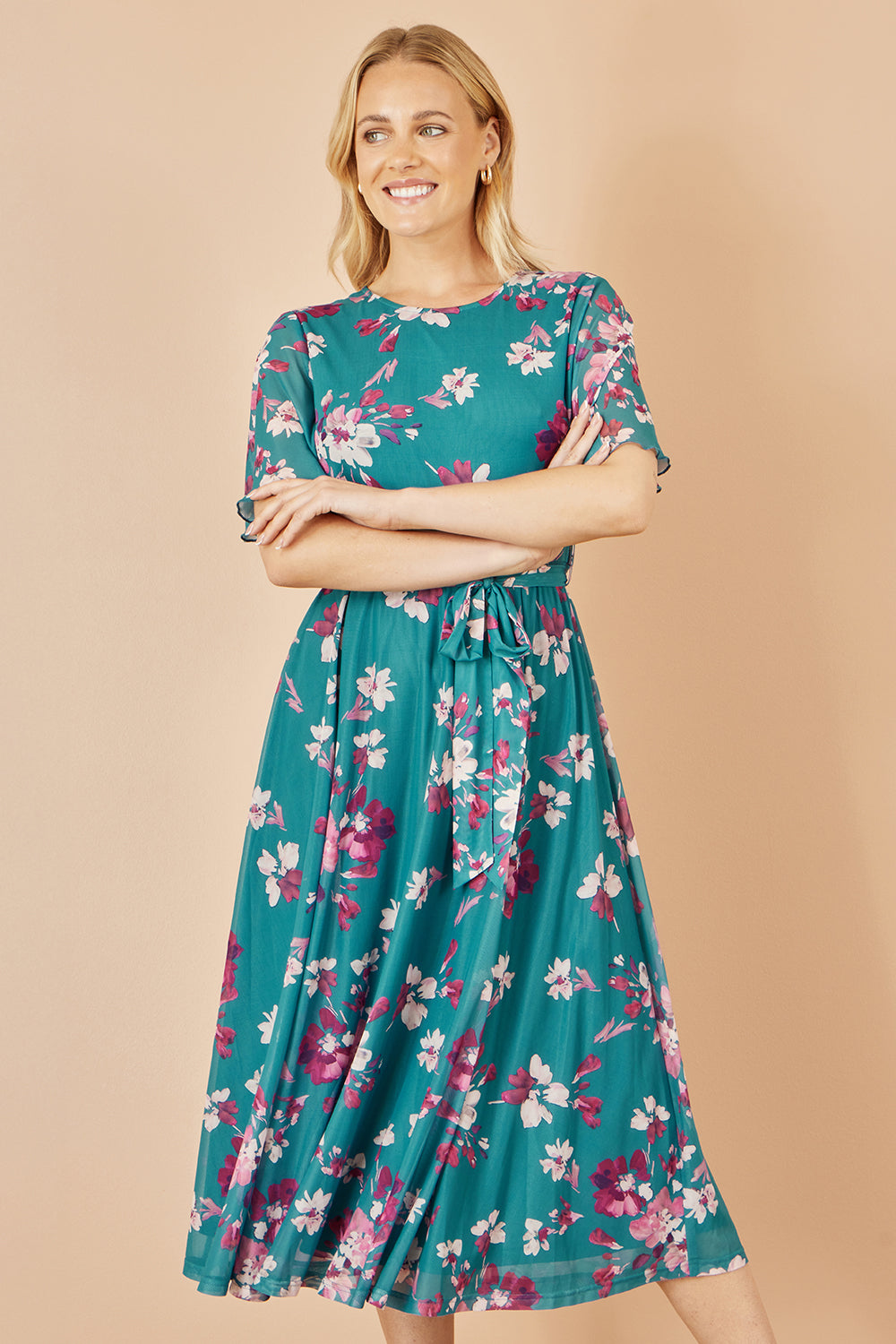 Yumi Teal Mesh Skater Floral Midi Dress Dress Occasion Yumi