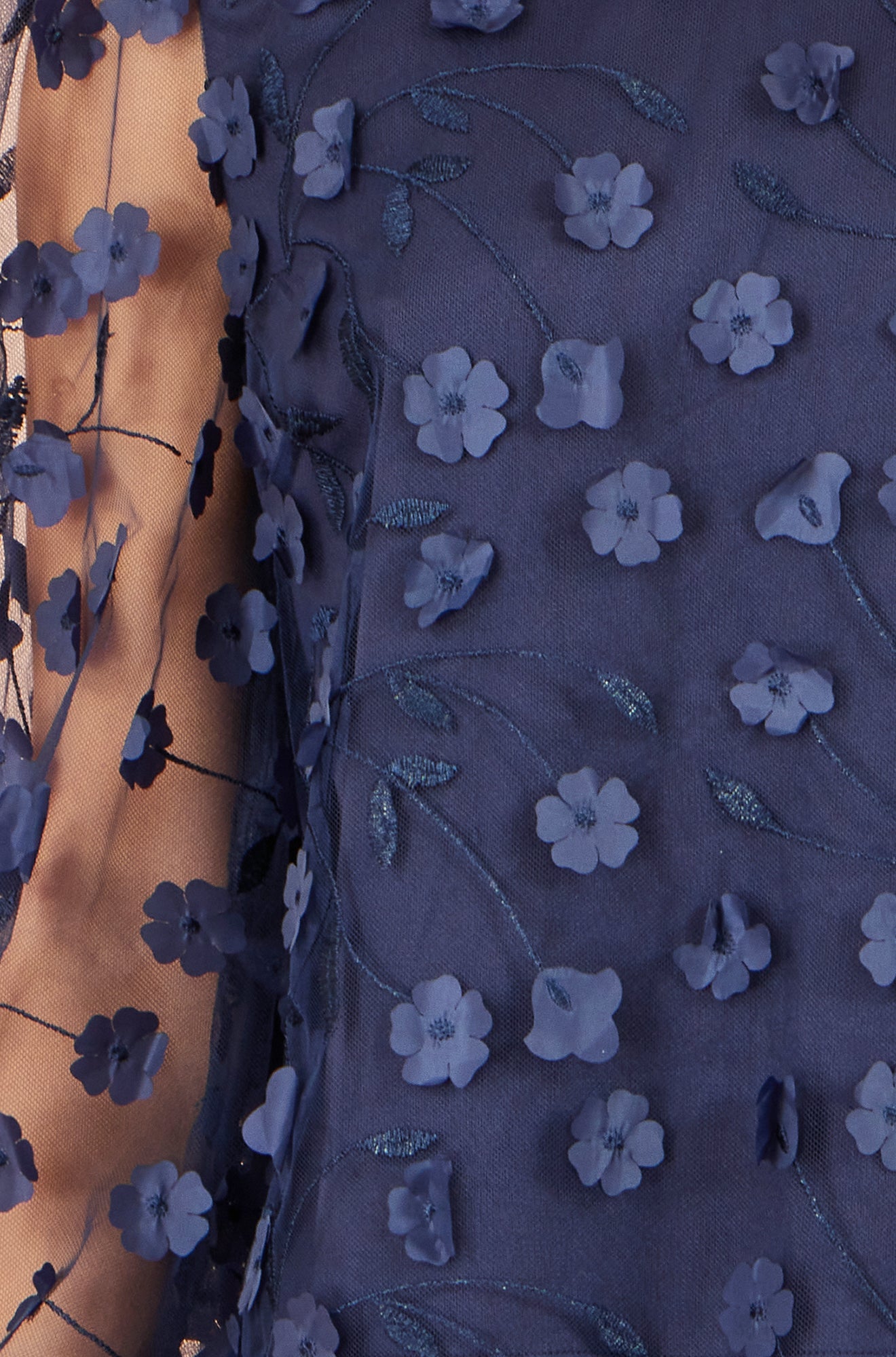 Yumi Navy Sheer Sleeve Applique Flower Top Tops Yumi