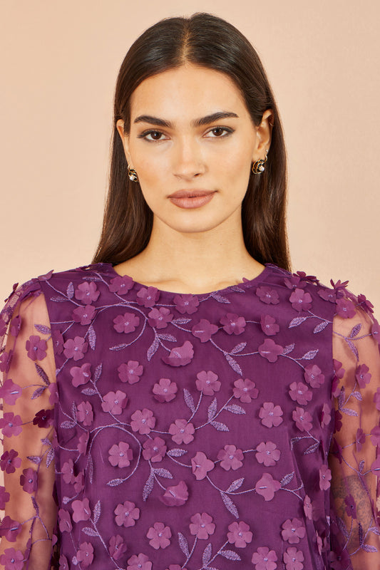 Yumi Plum Sheer Sleeve Applique Flower Top Tops Yumi