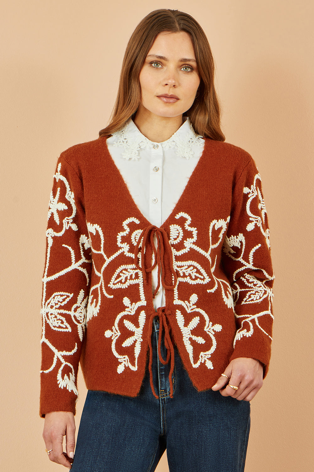 Yumi Brown Folk Embroidered Tie Front Cardigan Knit Cardigan Yumi