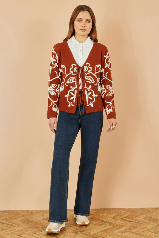 Yumi Brown Folk Embroidered Tie Front Cardigan Knit Cardigan Yumi
