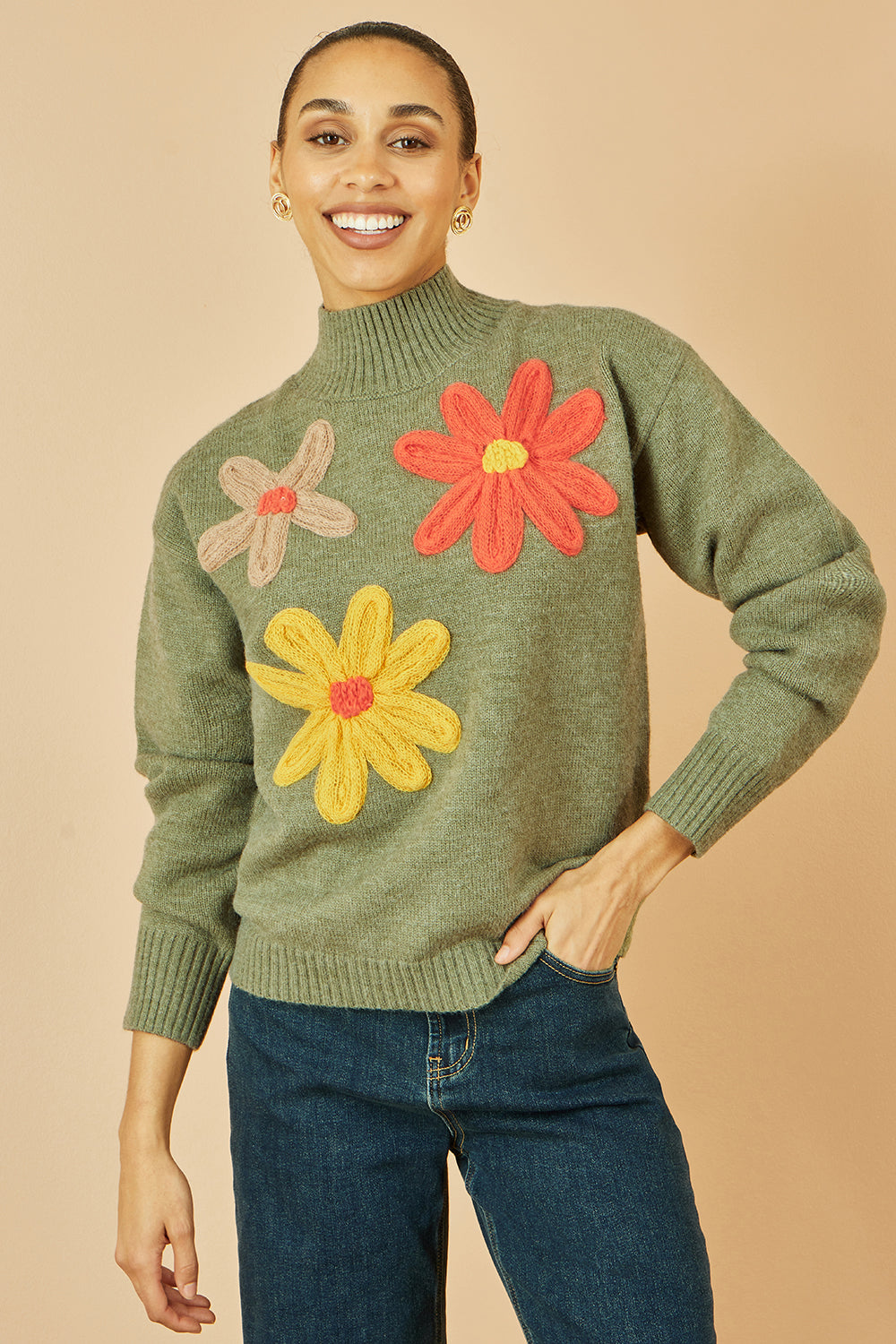 Yumi Green Knitted High Neck Jumper With Applique Flowers | Yumi
