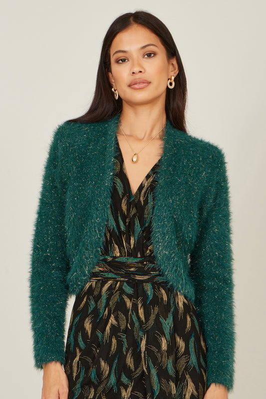 Yumi Green Metallic Fluffy Eyelash Bolero Knit Cardigan Yumi