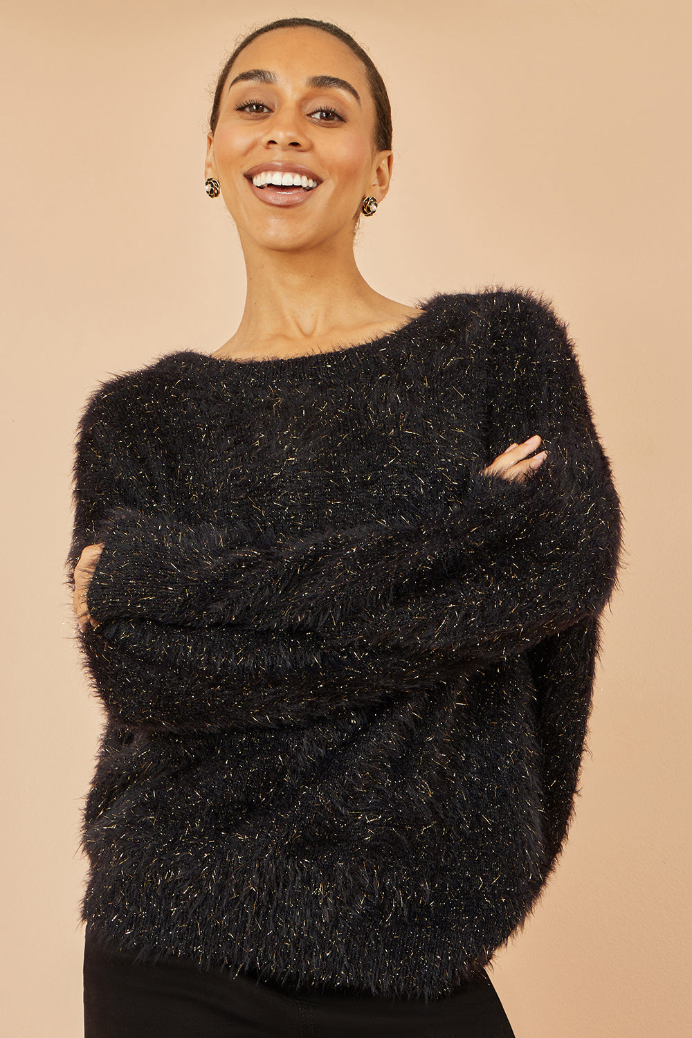 Yumi Black Metallic Fluffy Eyelash Relaxed Jumper Knit Xmas Jumper Yumi