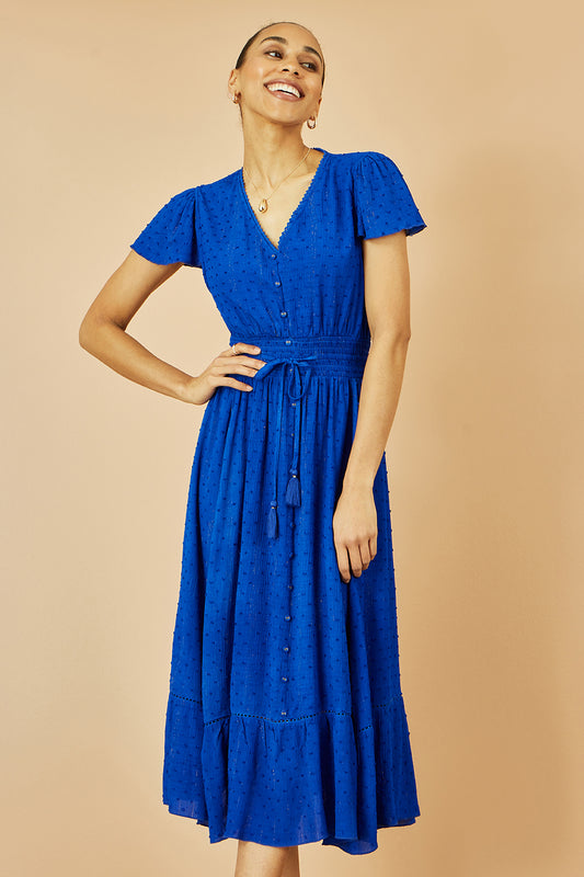 Yumi Blue Button Detail Midi Dress With Ruched Waist And Metallic Thread Dress Casual Yumi