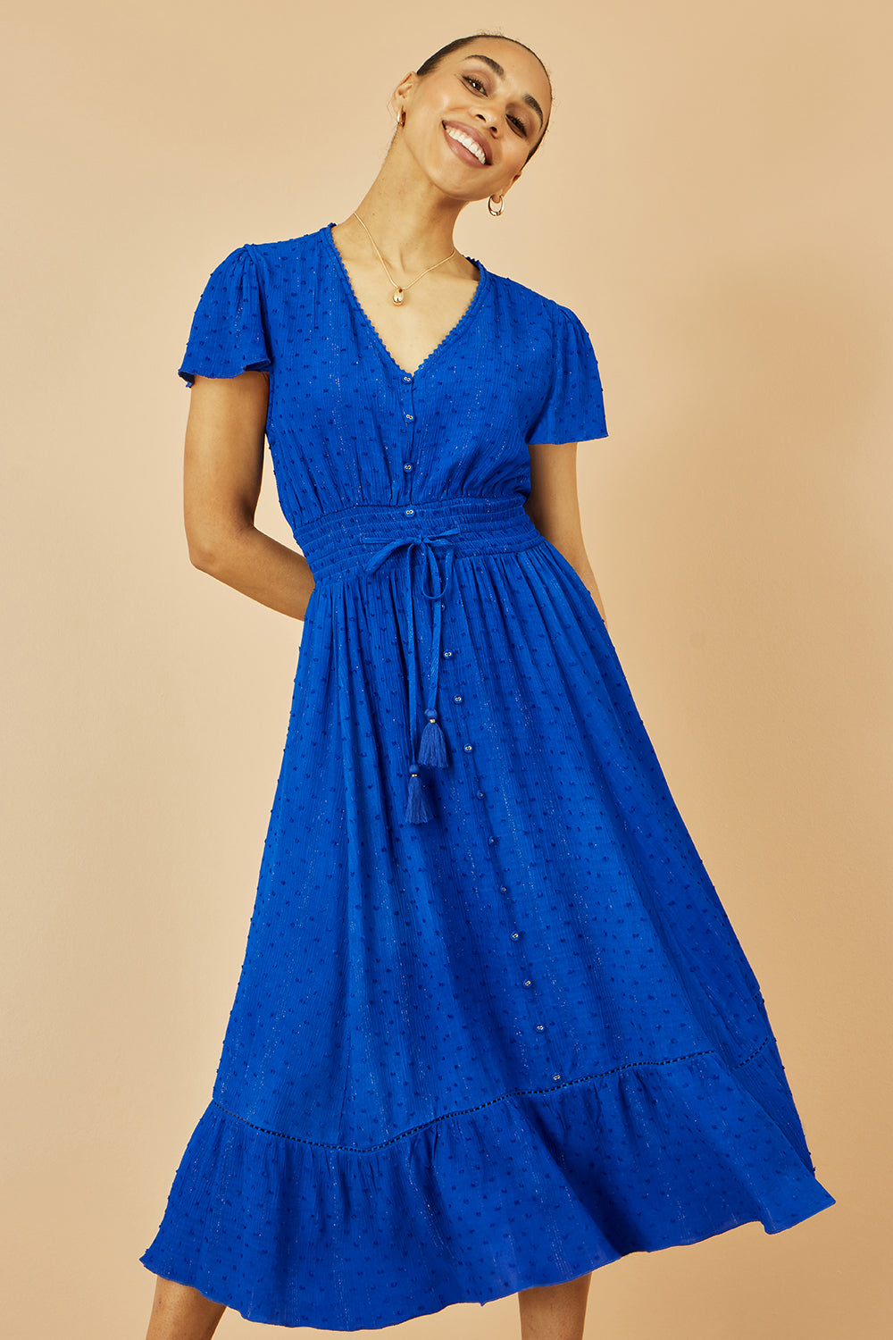 Yumi Blue Button Detail Midi Dress With Ruched Waist And Metallic Thread Dress Casual Yumi