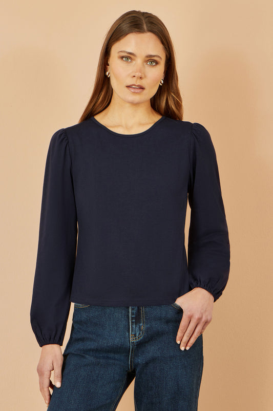 Yumi Navy Stretch Cotton Jersey Long Sleeve Top Top Yumi