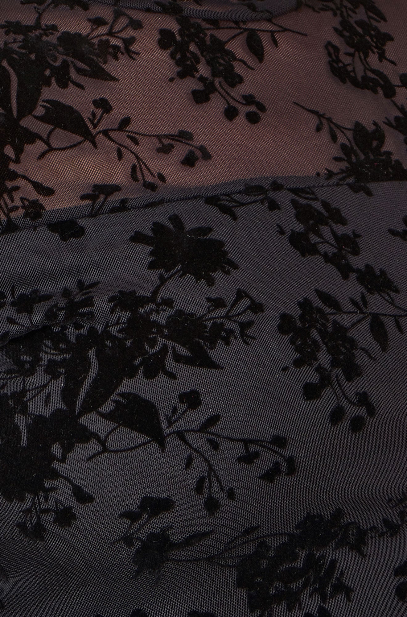 Yumi Black Flocked Floral Stretch Mesh Top With Long Sleeves Tops Yumi