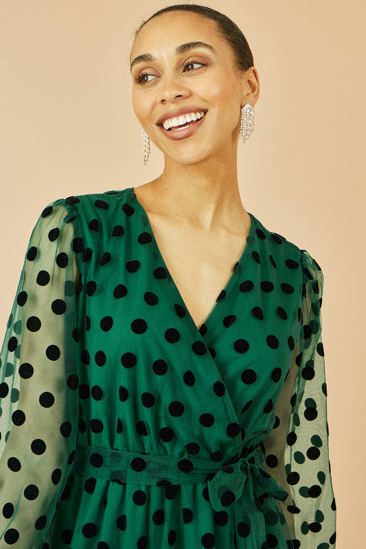 Yumi Green Spot Mesh Wrap Midi Skater Dress DRES Party Yumi