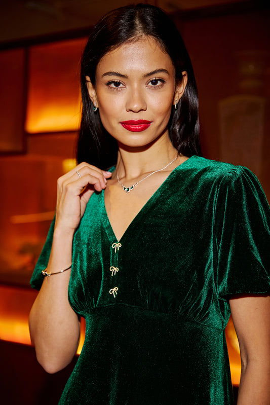 Yumi Green Velvet Skater Dress With Dimante Bow Detail DRES Party Yumi