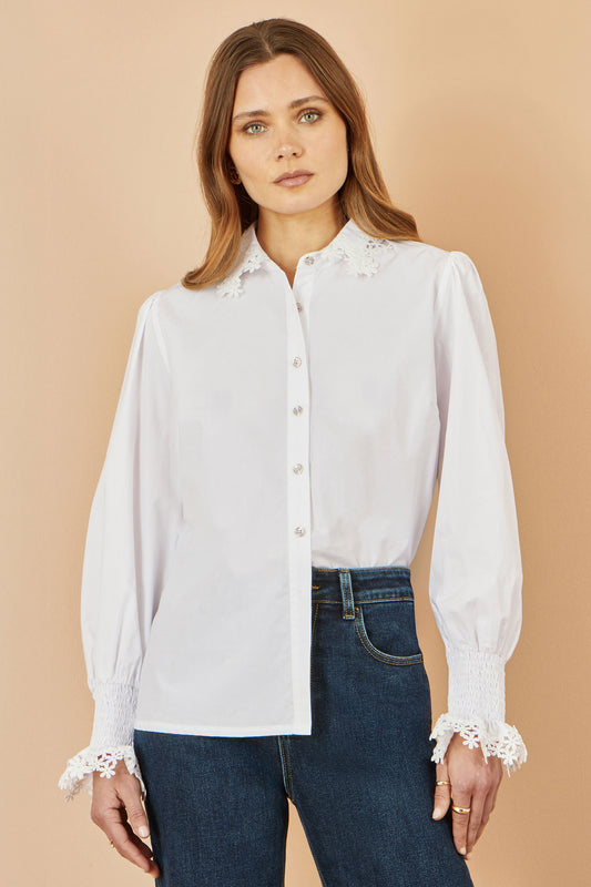 Yumi White Lace Trim Shirt Top Yumi