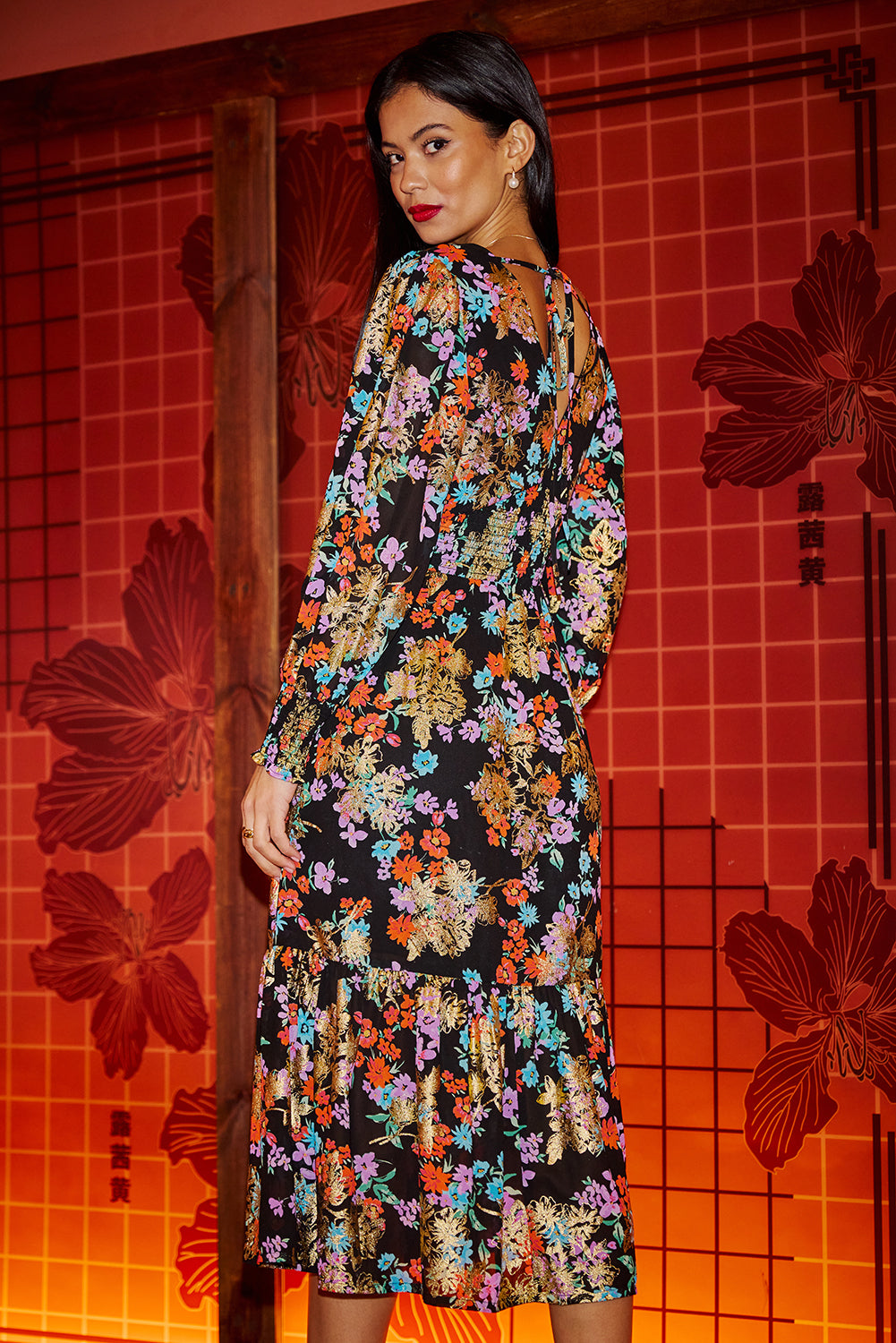 Yumi Black Floral And Foil Ruched Midi Dress With Split Hemline Dress Occasion Yumi