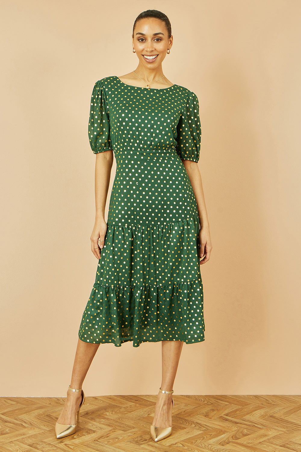 green dress with gold spots Gold Foil Spot Tiered Mini Dress