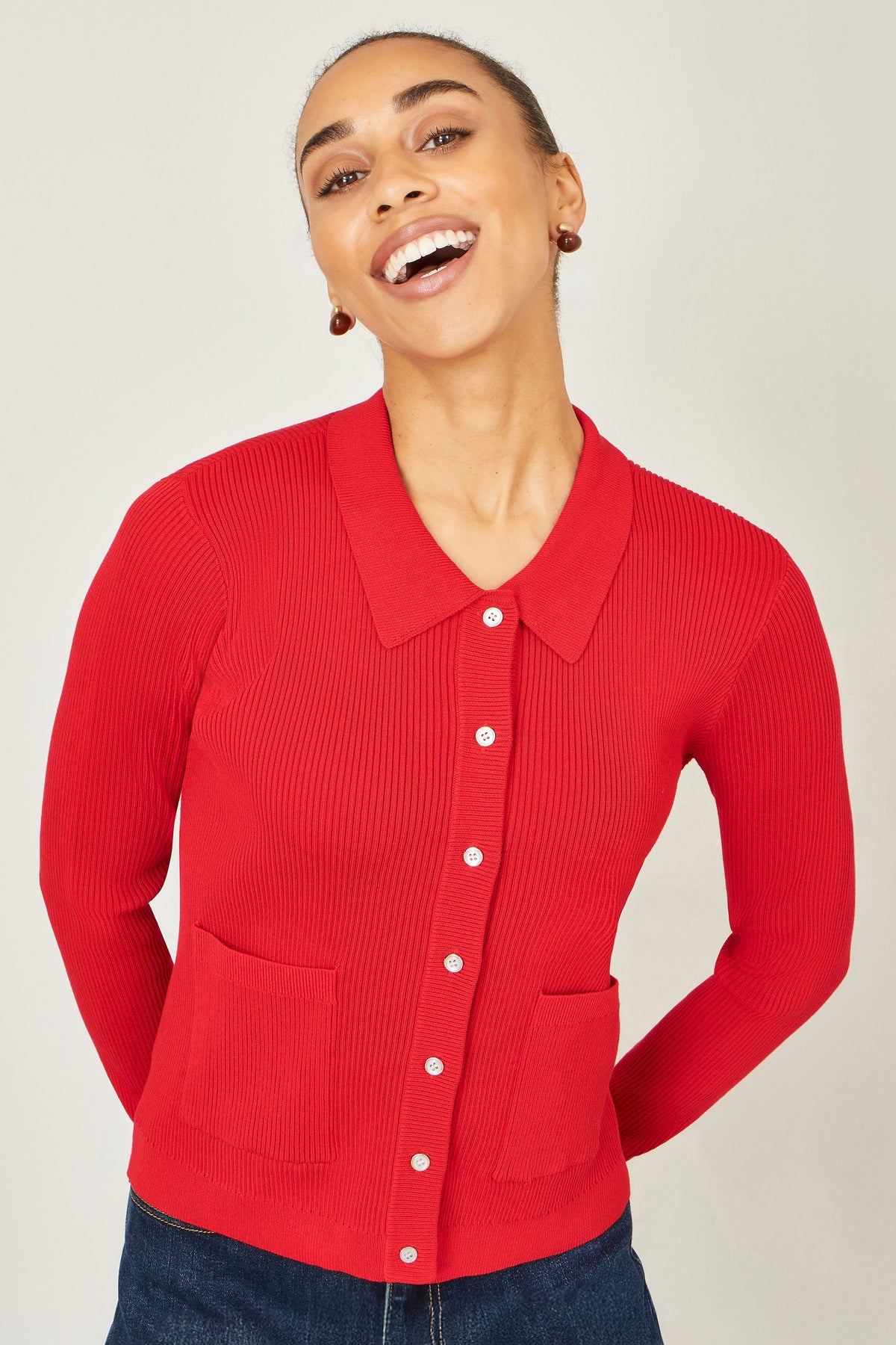 Yumi Red Ribbed Collar Button Up Cardigan Knit Cardigan Yumi